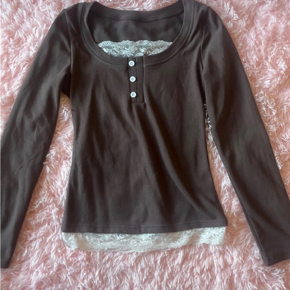 SHEIN Chocolate Long Sleeve Top with White Lace
